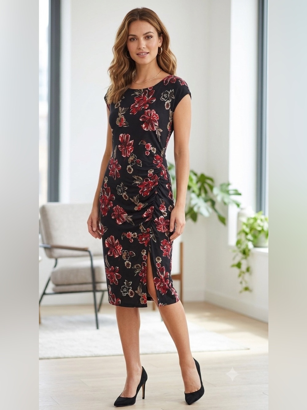 Cato Black Midi Dress with Red Floral Print